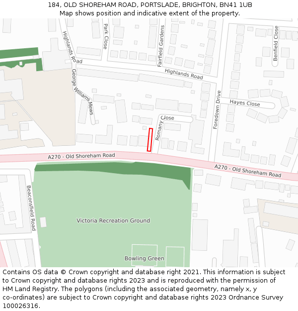 184, OLD SHOREHAM ROAD, PORTSLADE, BRIGHTON, BN41 1UB: Location map and indicative extent of plot
