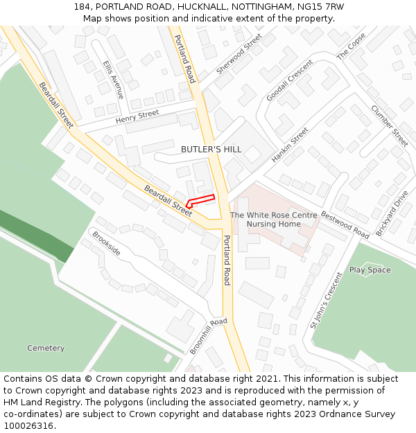 184, PORTLAND ROAD, HUCKNALL, NOTTINGHAM, NG15 7RW: Location map and indicative extent of plot