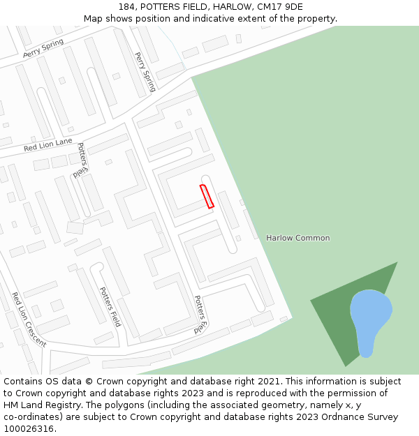 184, POTTERS FIELD, HARLOW, CM17 9DE: Location map and indicative extent of plot