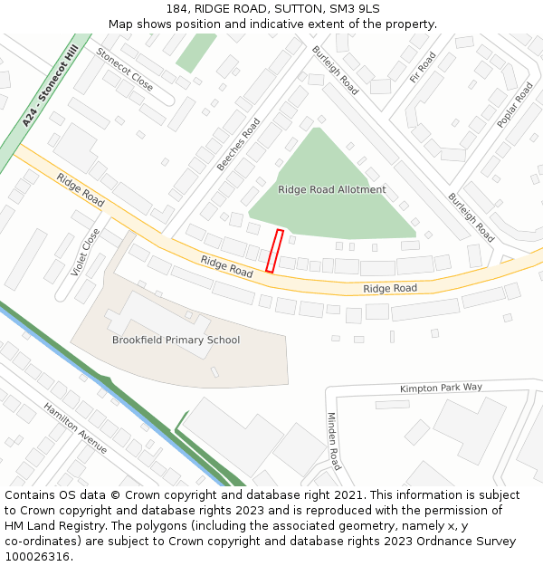 184, RIDGE ROAD, SUTTON, SM3 9LS: Location map and indicative extent of plot