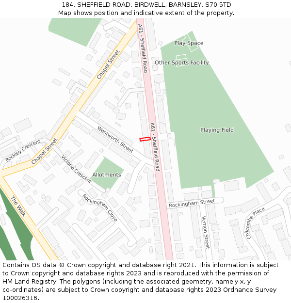 184, SHEFFIELD ROAD, BIRDWELL, BARNSLEY, S70 5TD: Location map and indicative extent of plot