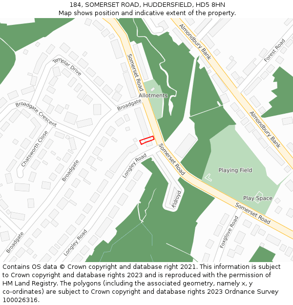 184, SOMERSET ROAD, HUDDERSFIELD, HD5 8HN: Location map and indicative extent of plot