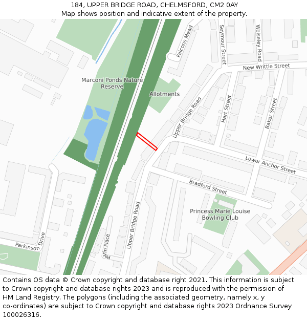 184, UPPER BRIDGE ROAD, CHELMSFORD, CM2 0AY: Location map and indicative extent of plot