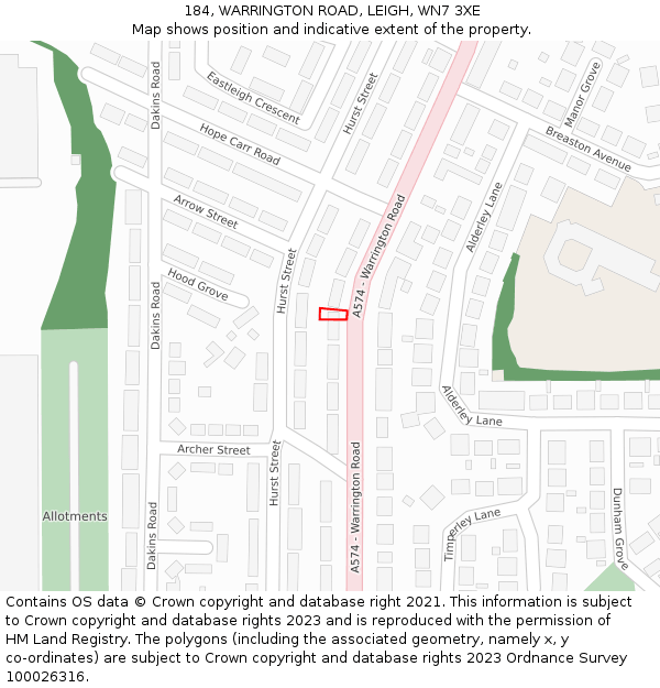 184, WARRINGTON ROAD, LEIGH, WN7 3XE: Location map and indicative extent of plot
