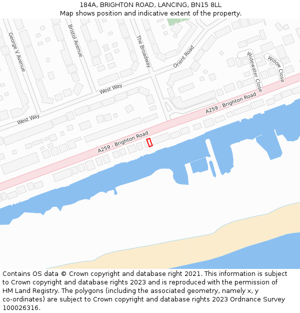 184A, BRIGHTON ROAD, LANCING, BN15 8LL: Location map and indicative extent of plot