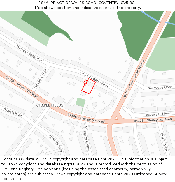 184A, PRINCE OF WALES ROAD, COVENTRY, CV5 8GL: Location map and indicative extent of plot
