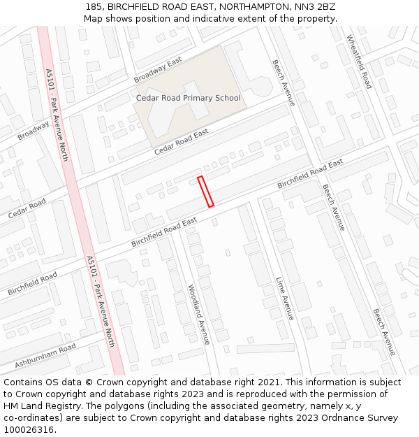 185, BIRCHFIELD ROAD EAST, NORTHAMPTON, NN3 2BZ: Location map and indicative extent of plot