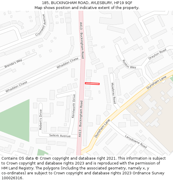 185, BUCKINGHAM ROAD, AYLESBURY, HP19 9QF: Location map and indicative extent of plot