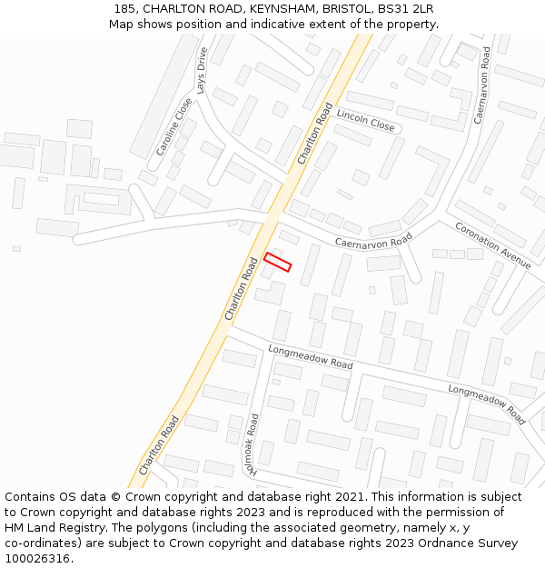 185, CHARLTON ROAD, KEYNSHAM, BRISTOL, BS31 2LR: Location map and indicative extent of plot