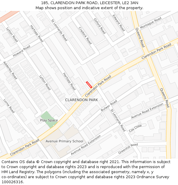 185, CLARENDON PARK ROAD, LEICESTER, LE2 3AN: Location map and indicative extent of plot