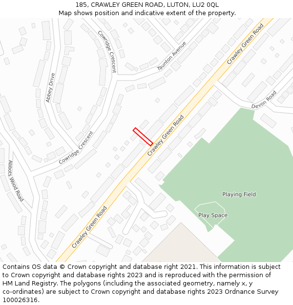 185, CRAWLEY GREEN ROAD, LUTON, LU2 0QL: Location map and indicative extent of plot