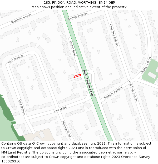 185, FINDON ROAD, WORTHING, BN14 0EP: Location map and indicative extent of plot