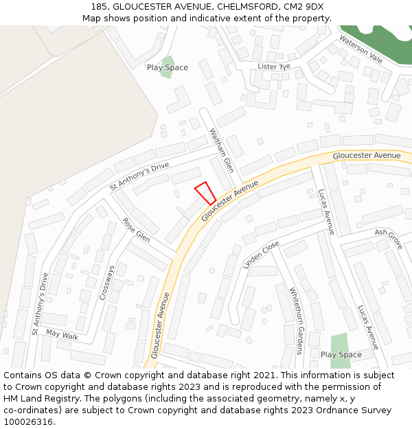 185, GLOUCESTER AVENUE, CHELMSFORD, CM2 9DX: Location map and indicative extent of plot