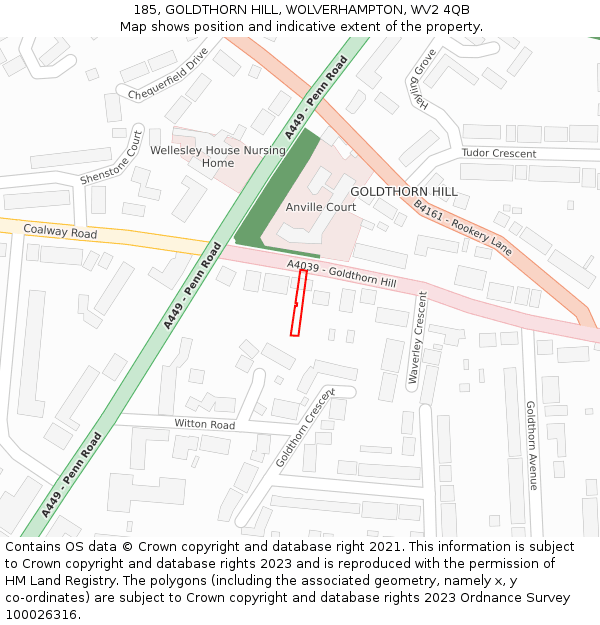 185, GOLDTHORN HILL, WOLVERHAMPTON, WV2 4QB: Location map and indicative extent of plot