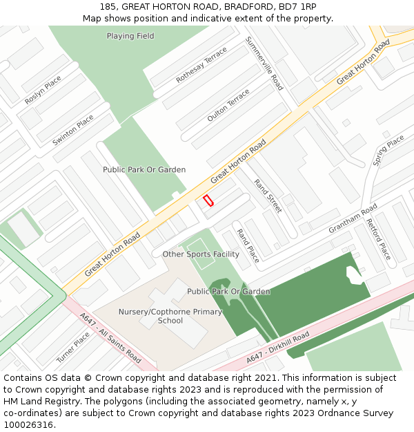 185, GREAT HORTON ROAD, BRADFORD, BD7 1RP: Location map and indicative extent of plot
