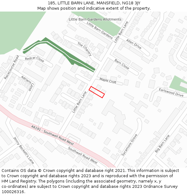 185, LITTLE BARN LANE, MANSFIELD, NG18 3JY: Location map and indicative extent of plot