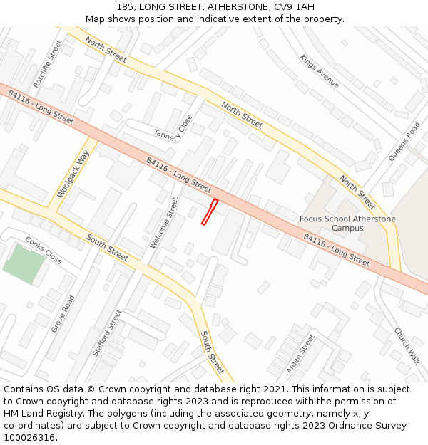 185, LONG STREET, ATHERSTONE, CV9 1AH: Location map and indicative extent of plot