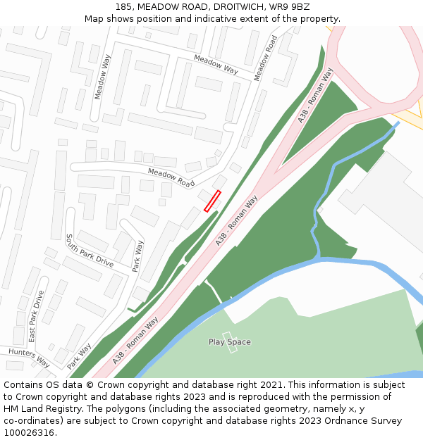 185, MEADOW ROAD, DROITWICH, WR9 9BZ: Location map and indicative extent of plot