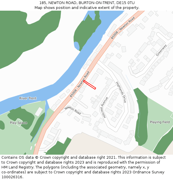 185, NEWTON ROAD, BURTON-ON-TRENT, DE15 0TU: Location map and indicative extent of plot