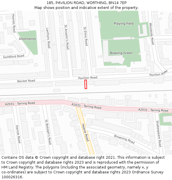 185, PAVILION ROAD, WORTHING, BN14 7EP: Location map and indicative extent of plot