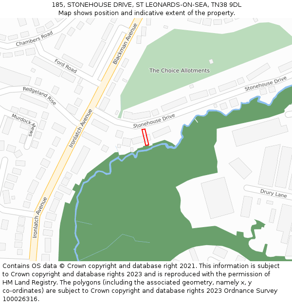 185, STONEHOUSE DRIVE, ST LEONARDS-ON-SEA, TN38 9DL: Location map and indicative extent of plot