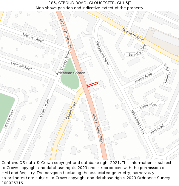 185, STROUD ROAD, GLOUCESTER, GL1 5JT: Location map and indicative extent of plot