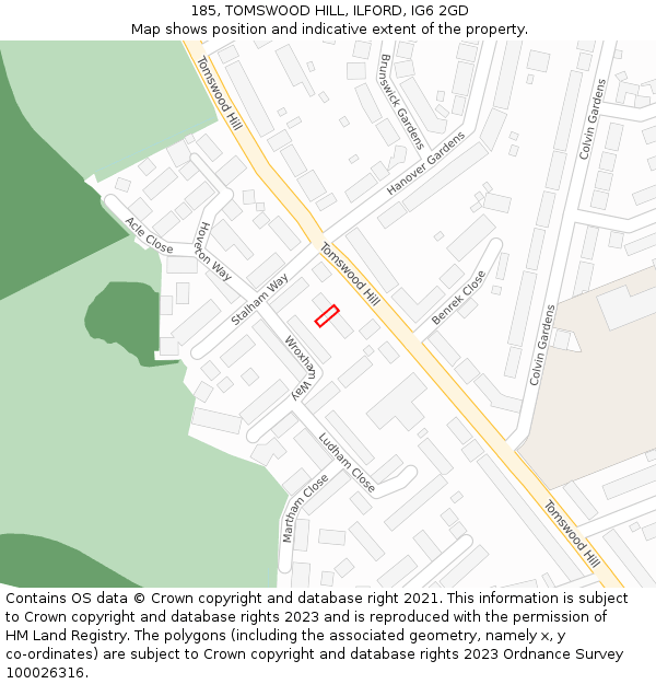 185, TOMSWOOD HILL, ILFORD, IG6 2GD: Location map and indicative extent of plot
