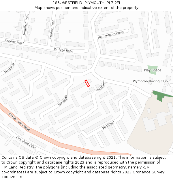 185, WESTFIELD, PLYMOUTH, PL7 2EL: Location map and indicative extent of plot