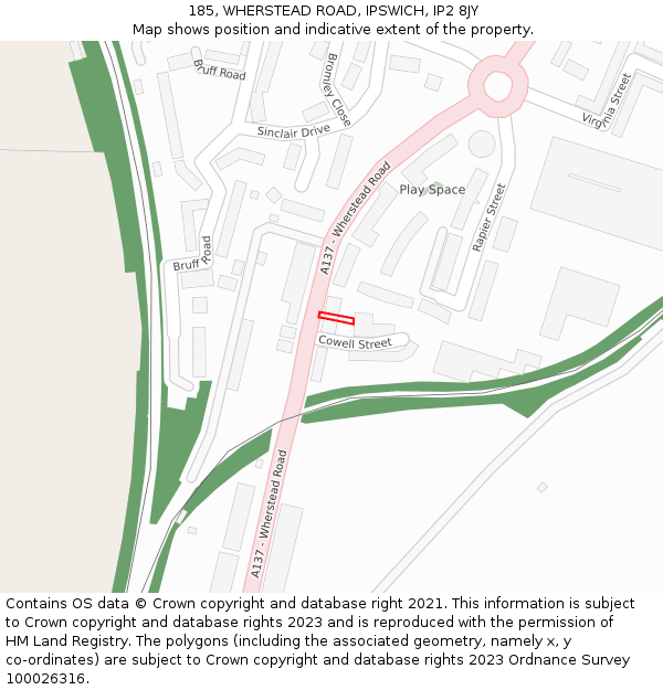 185, WHERSTEAD ROAD, IPSWICH, IP2 8JY: Location map and indicative extent of plot