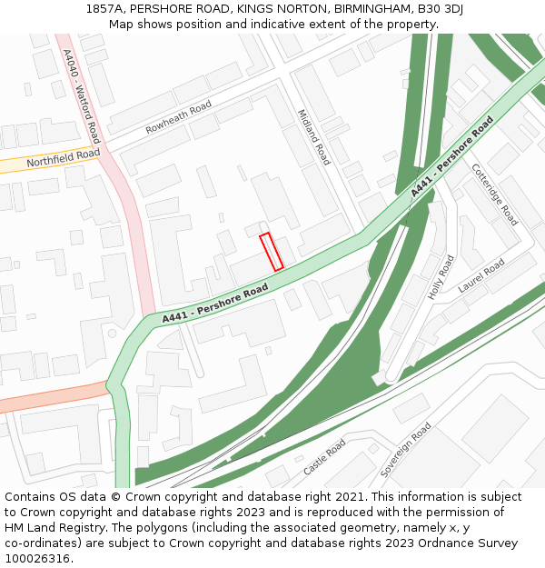 1857A, PERSHORE ROAD, KINGS NORTON, BIRMINGHAM, B30 3DJ: Location map and indicative extent of plot