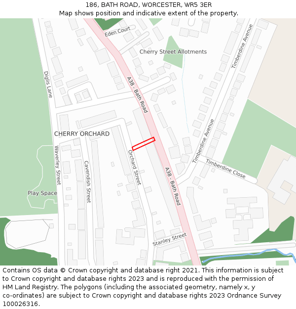 186, BATH ROAD, WORCESTER, WR5 3ER: Location map and indicative extent of plot