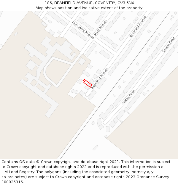 186, BEANFIELD AVENUE, COVENTRY, CV3 6NX: Location map and indicative extent of plot