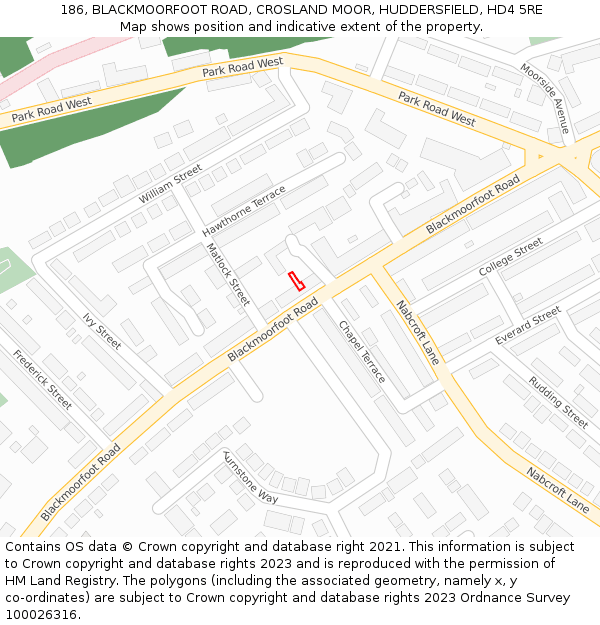 186, BLACKMOORFOOT ROAD, CROSLAND MOOR, HUDDERSFIELD, HD4 5RE: Location map and indicative extent of plot