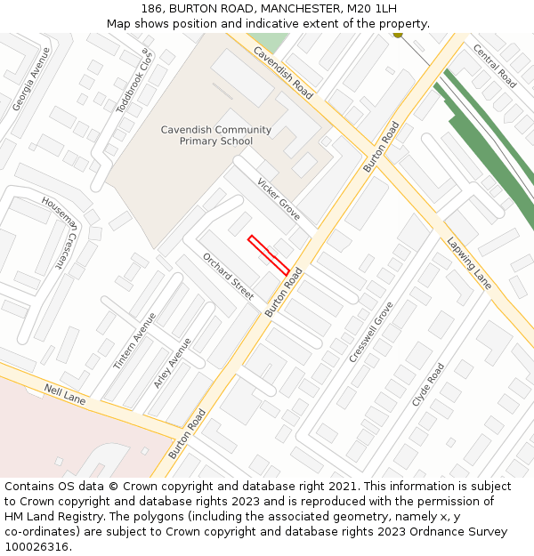 186, BURTON ROAD, MANCHESTER, M20 1LH: Location map and indicative extent of plot