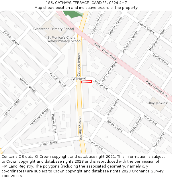 186, CATHAYS TERRACE, CARDIFF, CF24 4HZ: Location map and indicative extent of plot