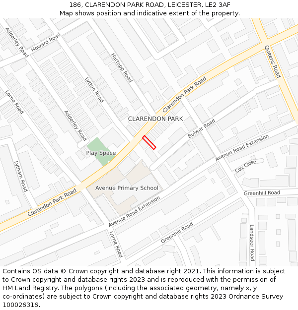 186, CLARENDON PARK ROAD, LEICESTER, LE2 3AF: Location map and indicative extent of plot