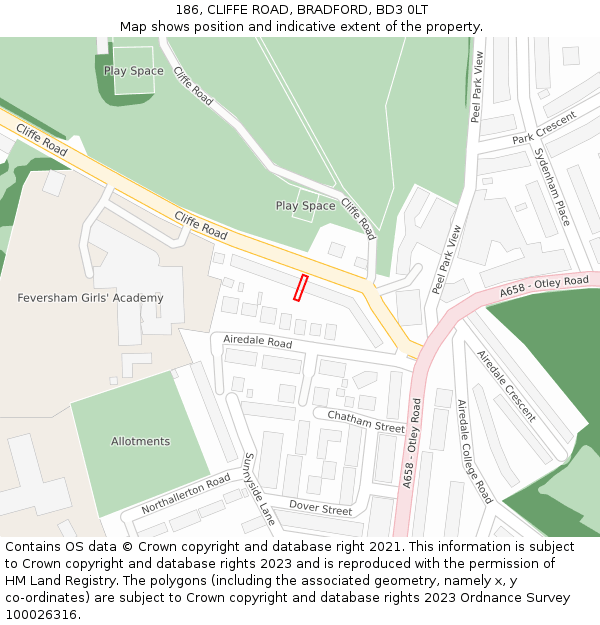 186, CLIFFE ROAD, BRADFORD, BD3 0LT: Location map and indicative extent of plot