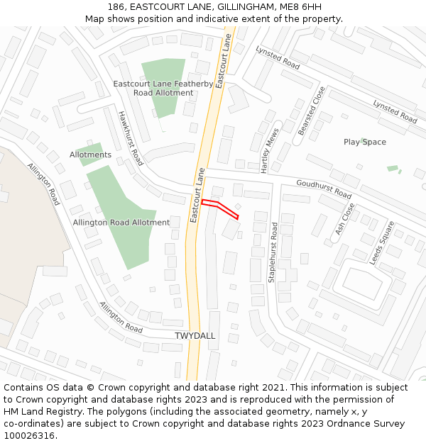 186, EASTCOURT LANE, GILLINGHAM, ME8 6HH: Location map and indicative extent of plot