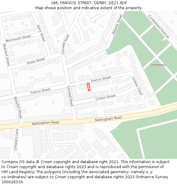 186, FRANCIS STREET, DERBY, DE21 6DF: Location map and indicative extent of plot