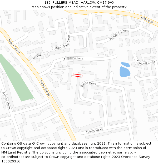 186, FULLERS MEAD, HARLOW, CM17 9AX: Location map and indicative extent of plot