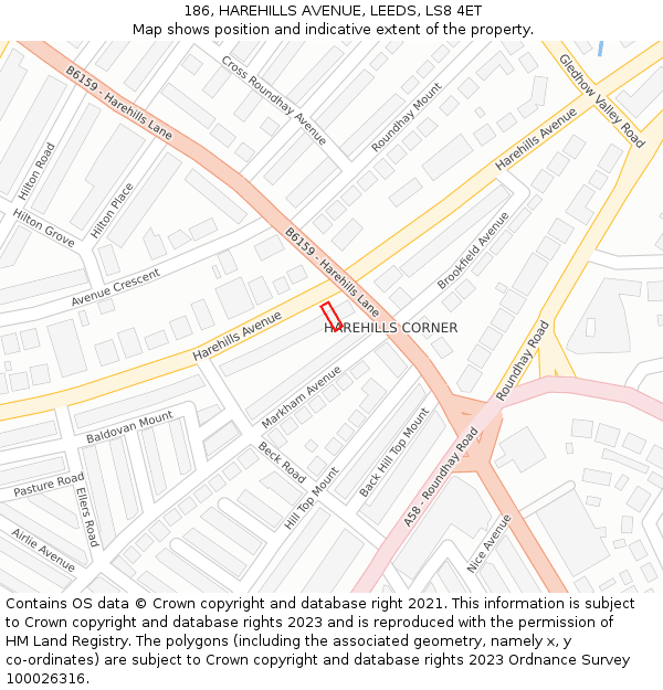 186, HAREHILLS AVENUE, LEEDS, LS8 4ET: Location map and indicative extent of plot