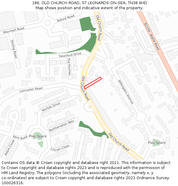 186, OLD CHURCH ROAD, ST LEONARDS-ON-SEA, TN38 9HD: Location map and indicative extent of plot