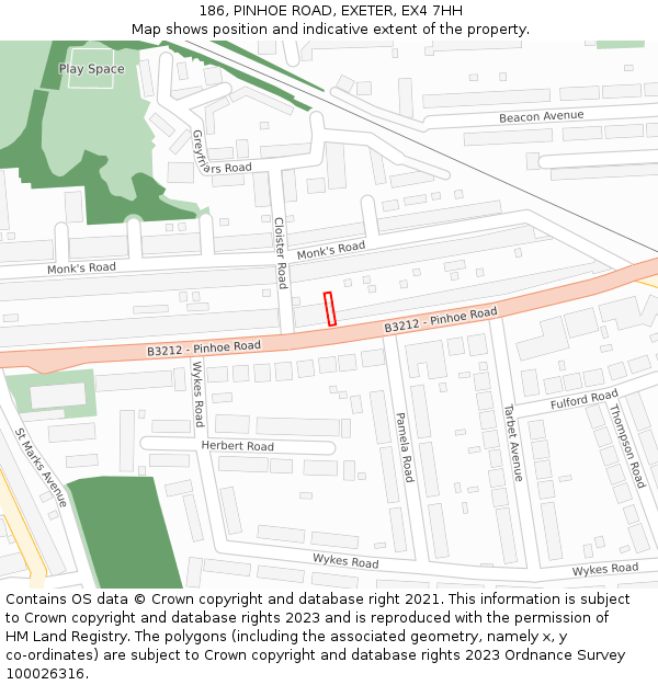 186, PINHOE ROAD, EXETER, EX4 7HH: Location map and indicative extent of plot