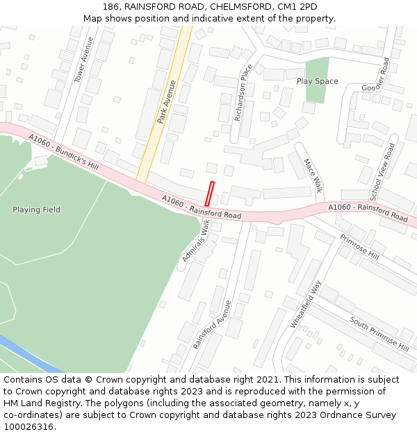 186, RAINSFORD ROAD, CHELMSFORD, CM1 2PD: Location map and indicative extent of plot