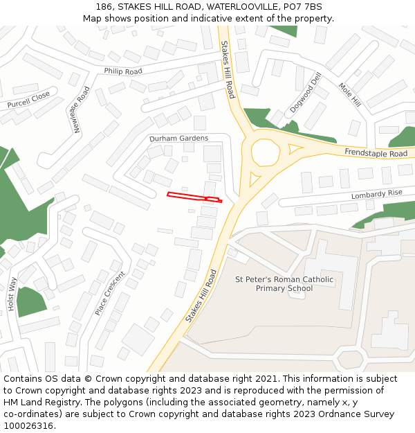 186, STAKES HILL ROAD, WATERLOOVILLE, PO7 7BS: Location map and indicative extent of plot
