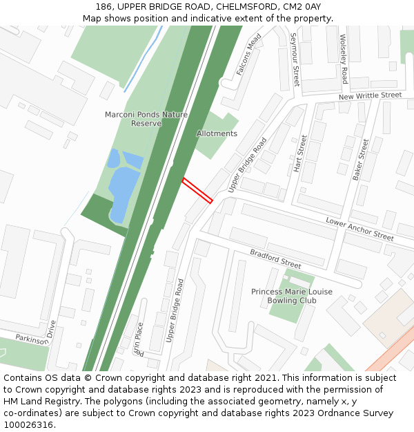 186, UPPER BRIDGE ROAD, CHELMSFORD, CM2 0AY: Location map and indicative extent of plot