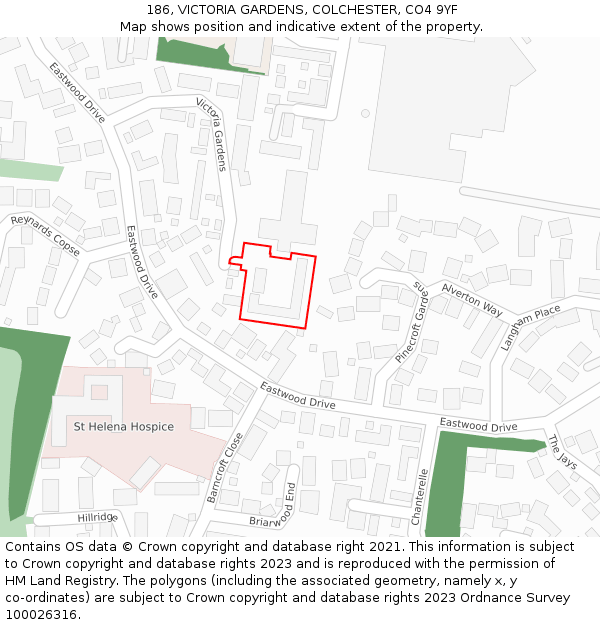 186, VICTORIA GARDENS, COLCHESTER, CO4 9YF: Location map and indicative extent of plot
