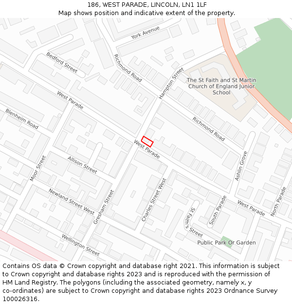 186, WEST PARADE, LINCOLN, LN1 1LF: Location map and indicative extent of plot