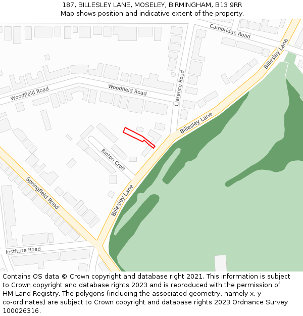 187, BILLESLEY LANE, MOSELEY, BIRMINGHAM, B13 9RR: Location map and indicative extent of plot