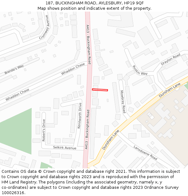187, BUCKINGHAM ROAD, AYLESBURY, HP19 9QF: Location map and indicative extent of plot